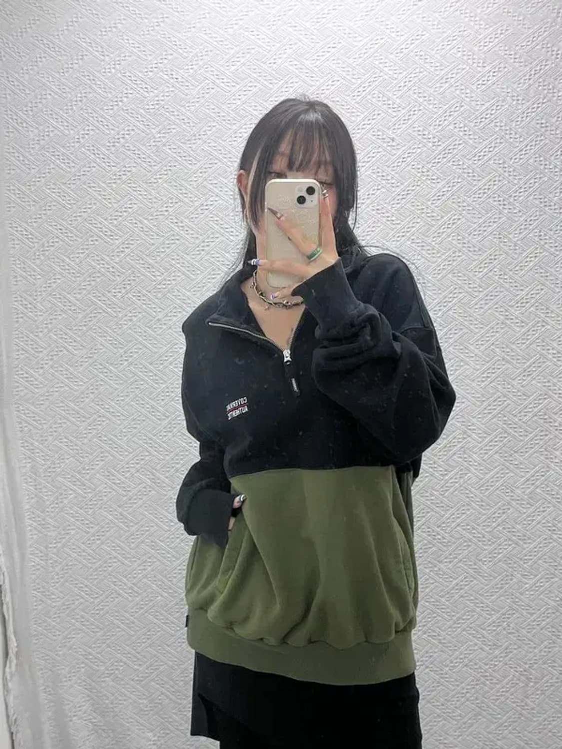 커버낫 캐주얼 올리브카키 배색 반집업 맨투맨 XL C07841 상품이미지1