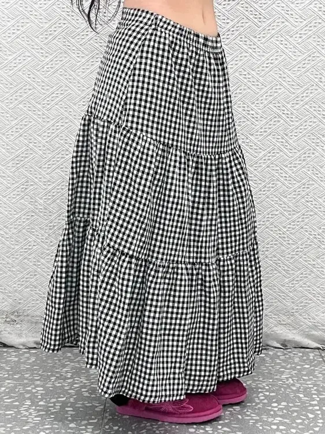 빈티지 스트릿 러블리힙 개더 플레어 체크 롱스커트 24인치 C07949 상품이미지2