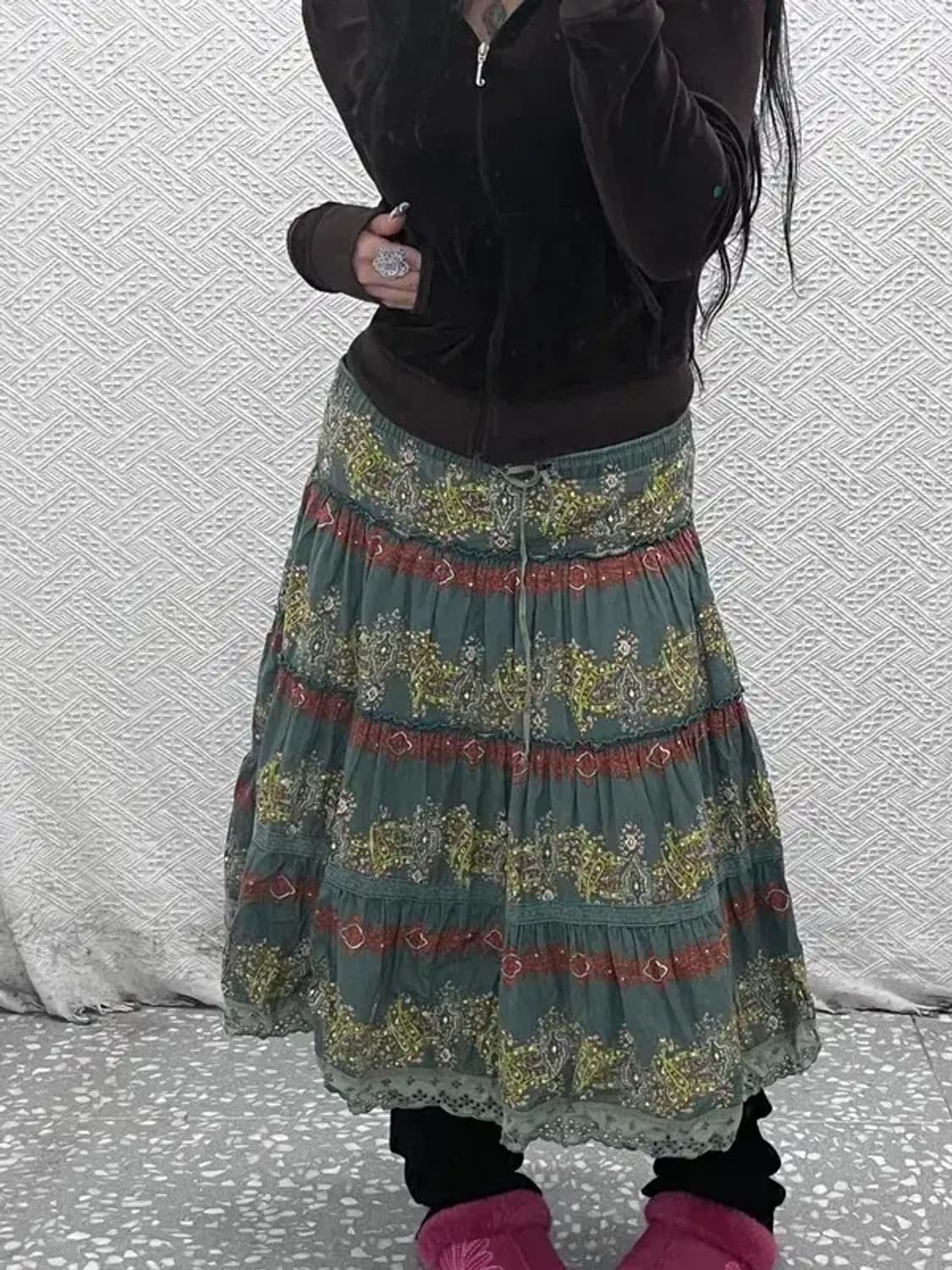 빈티지 보헤미안 모리 페이즐리 패턴 미디 롱스커트 33인치 C07950 상품이미지1