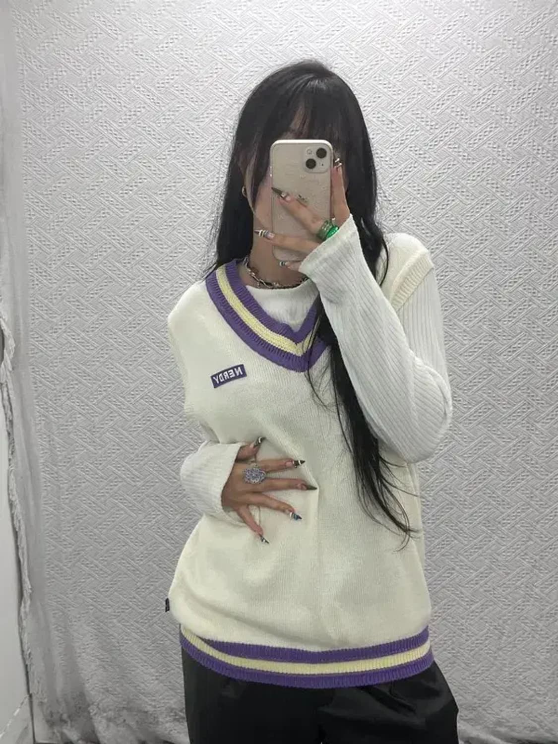 널디 올드스쿨 레트로 배색 브이넥 크림 니트 조끼 S C07958 상품이미지2