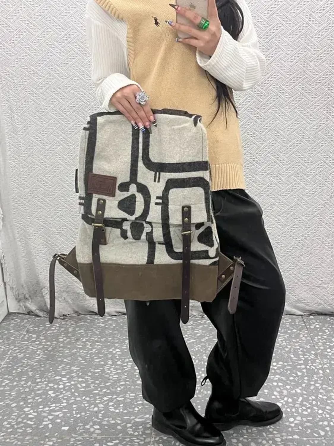 울리치 히피 보헤미안 유니크 기하학 패턴 크림 백팩 C07988 상품이미지2