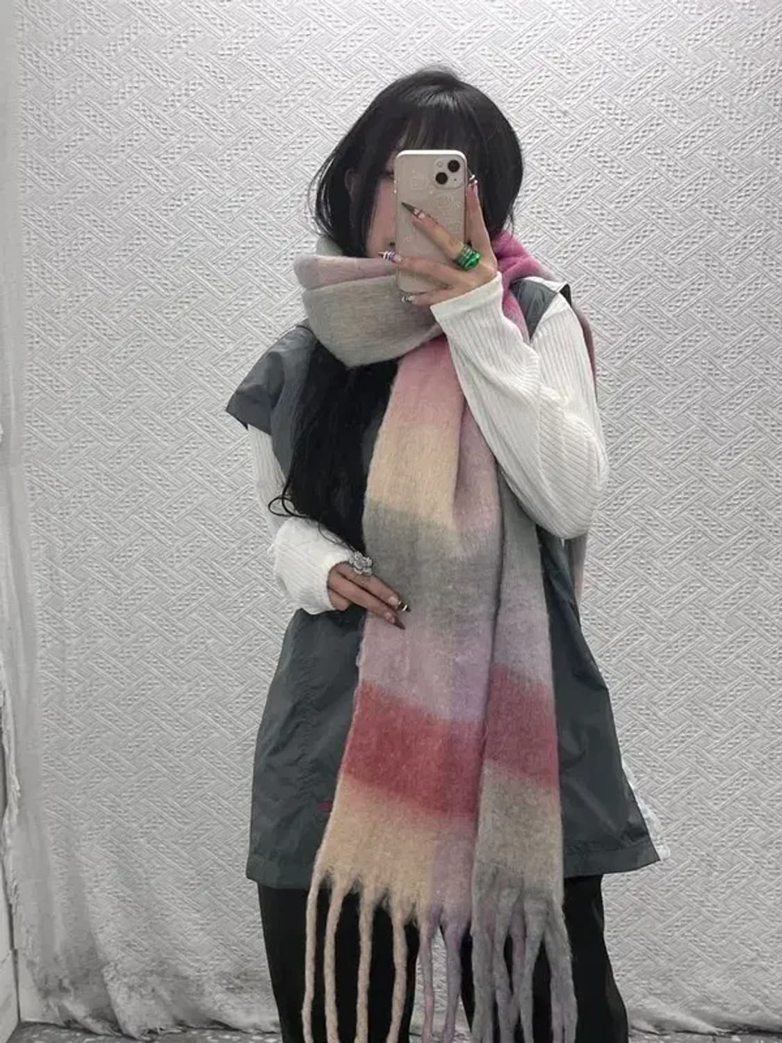 빈티지 폭닥 딸기우유 핑크 체크 모헤어 목도리 C07991 상품이미지2