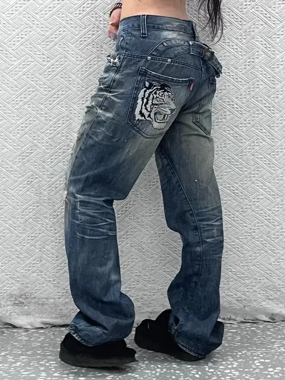 에비수 올드스쿨 희귀 호랑이자수 데미지 데님팬츠 32인치 C08028 상품이미지1