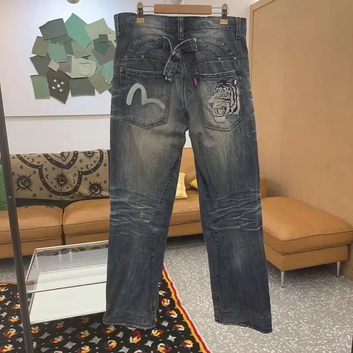 에비수 올드스쿨 희귀 호랑이자수 데미지 데님팬츠 32인치 C08028 상품이미지3