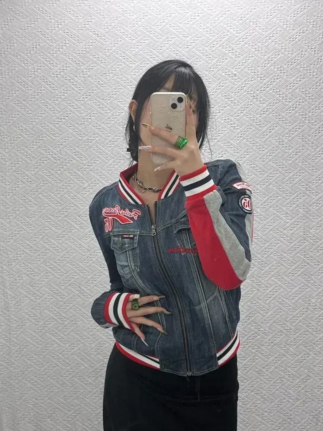 푸부 올드스쿨 Y2K 데님 패치 바이커 바시티자켓 M C08128 상품이미지2