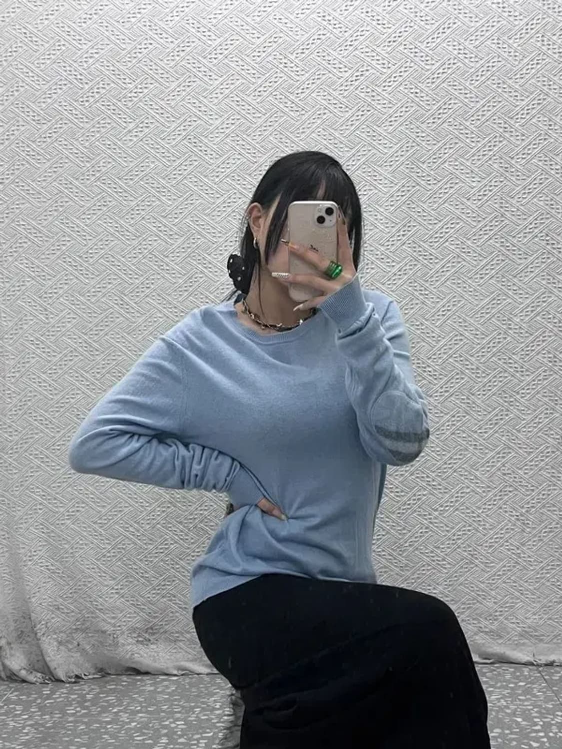 버버리 빈티지 여리 폭닥 체크 엘보패치 연하늘 울 니트 M C08130 상품이미지2