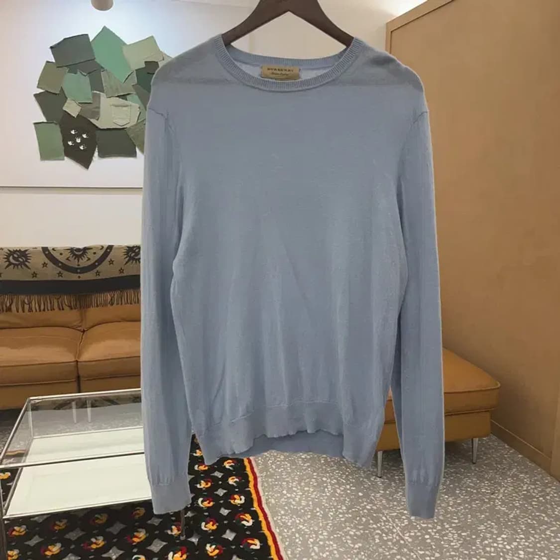 버버리 빈티지 여리 폭닥 체크 엘보패치 연하늘 울 니트 M C08130 상품이미지3