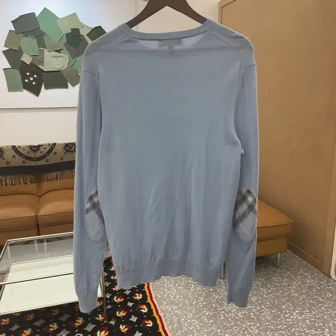 버버리 빈티지 여리 폭닥 체크 엘보패치 연하늘 울 니트 M C08130 상품이미지4