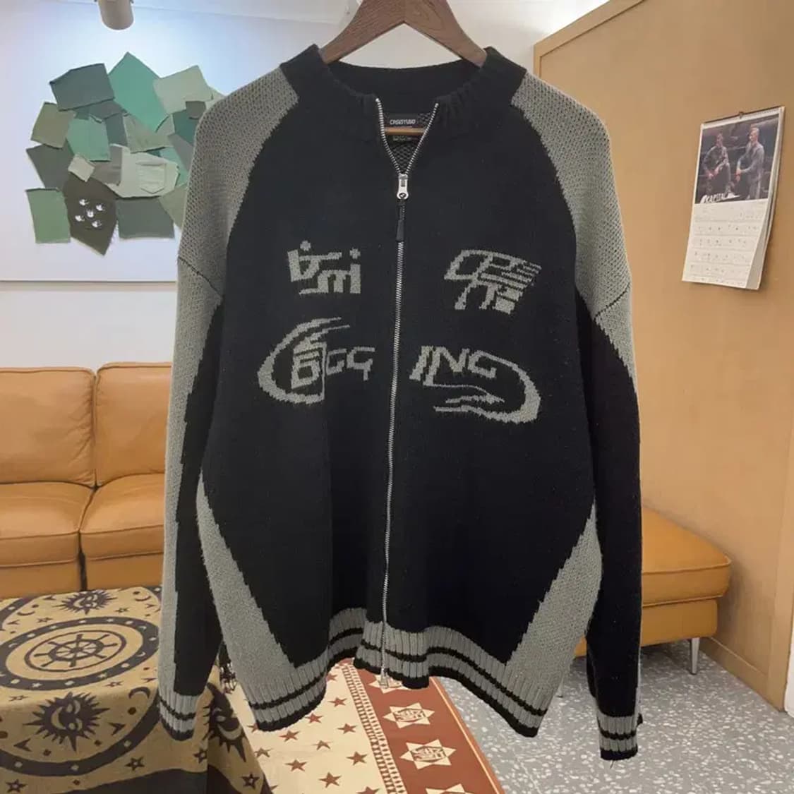 꼼파뇨 커브드 블록 스트릿 힙합 니트 집업 가디건 M C08568 상품이미지3