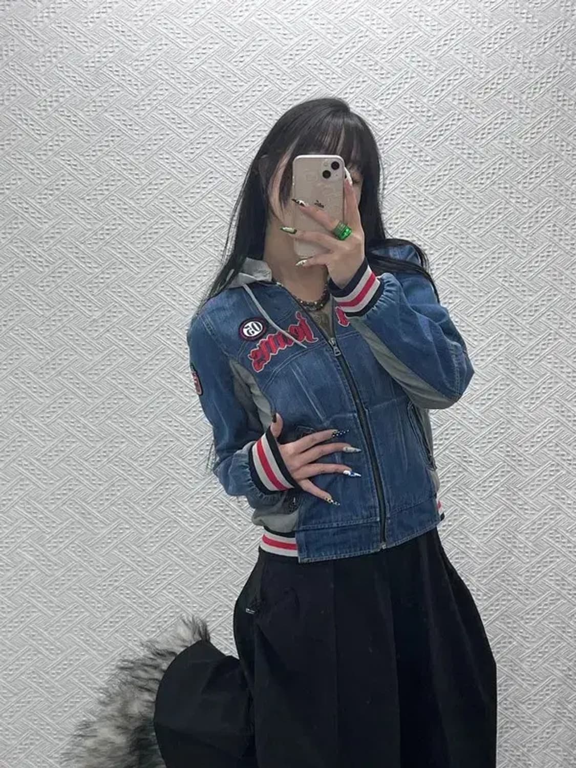 푸부 올드스쿨 레트로 Y2K 패치워크 데님 후드집업 M C08609 상품이미지2