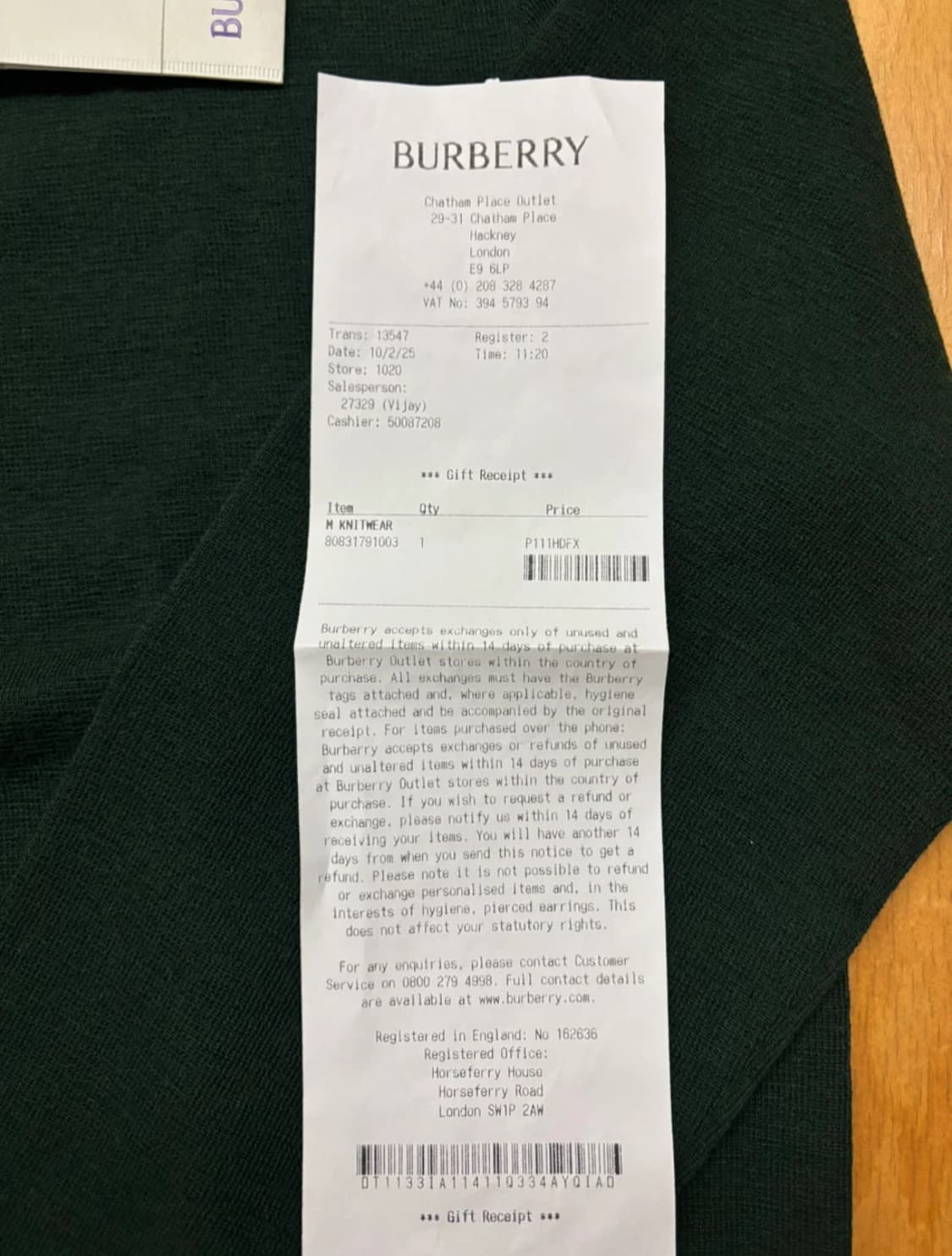 (새상품,영수증O) 신형 버버리 울 가디건 다크그린 S사이즈 상품이미지8