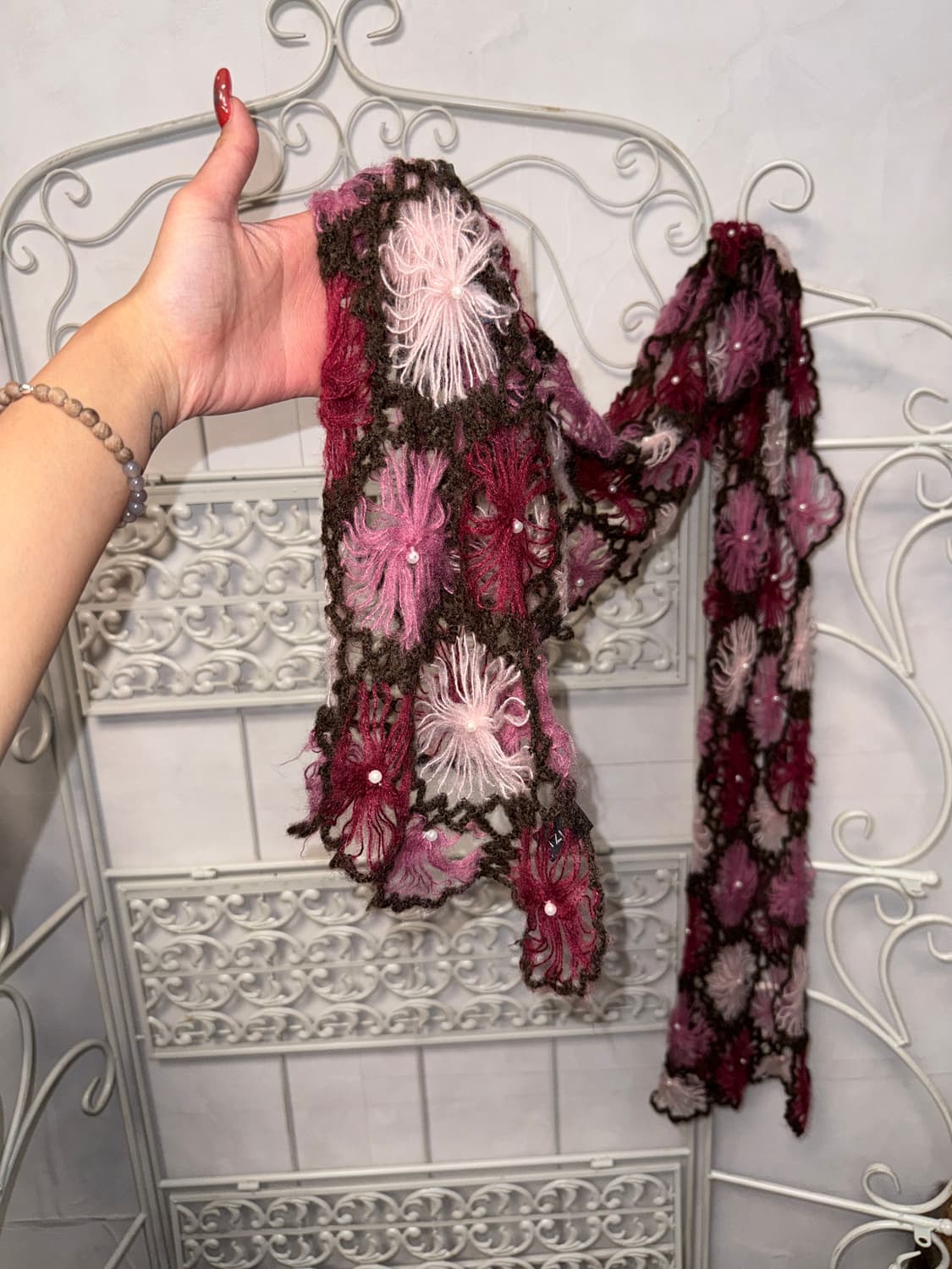 Pink brown bohemian flower crochet 머플러 상품이미지4