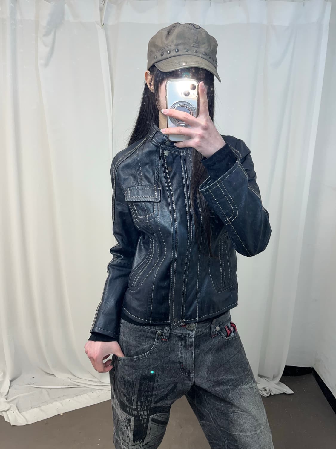 블랙 스티치 레더 자켓 상품이미지4