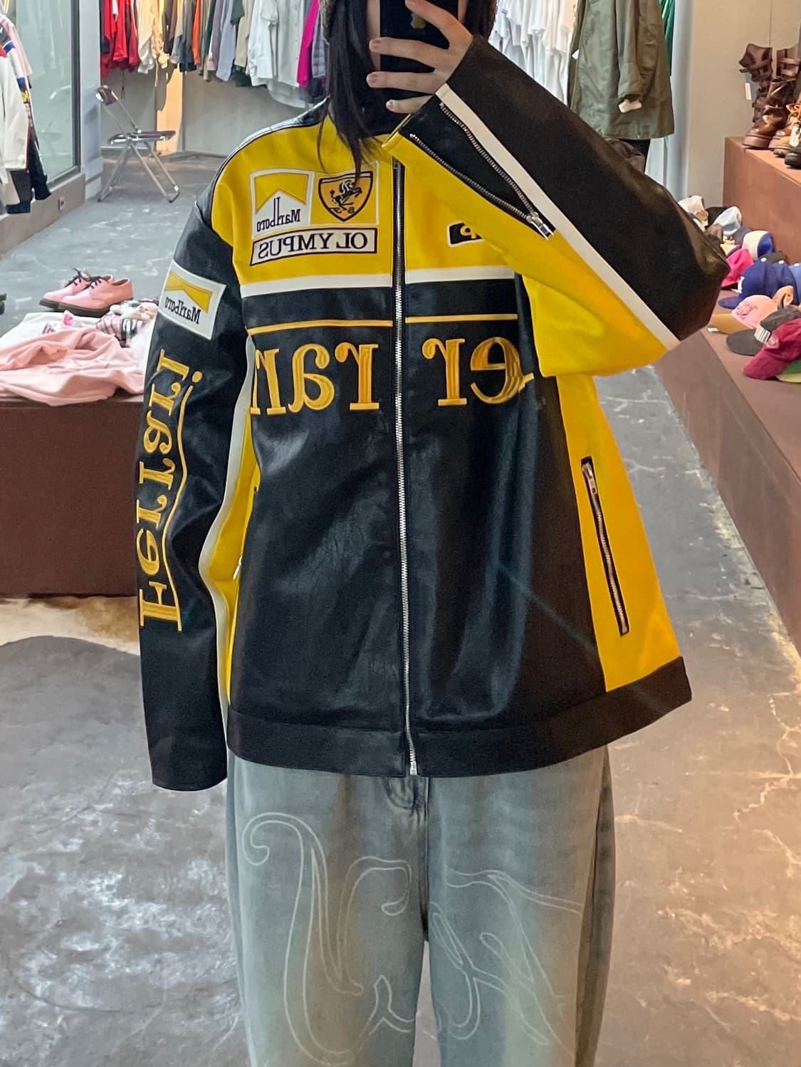 페라리 말보로 패치워크 옐로우 배색 레더 레이싱 자켓 H1841 상품이미지1