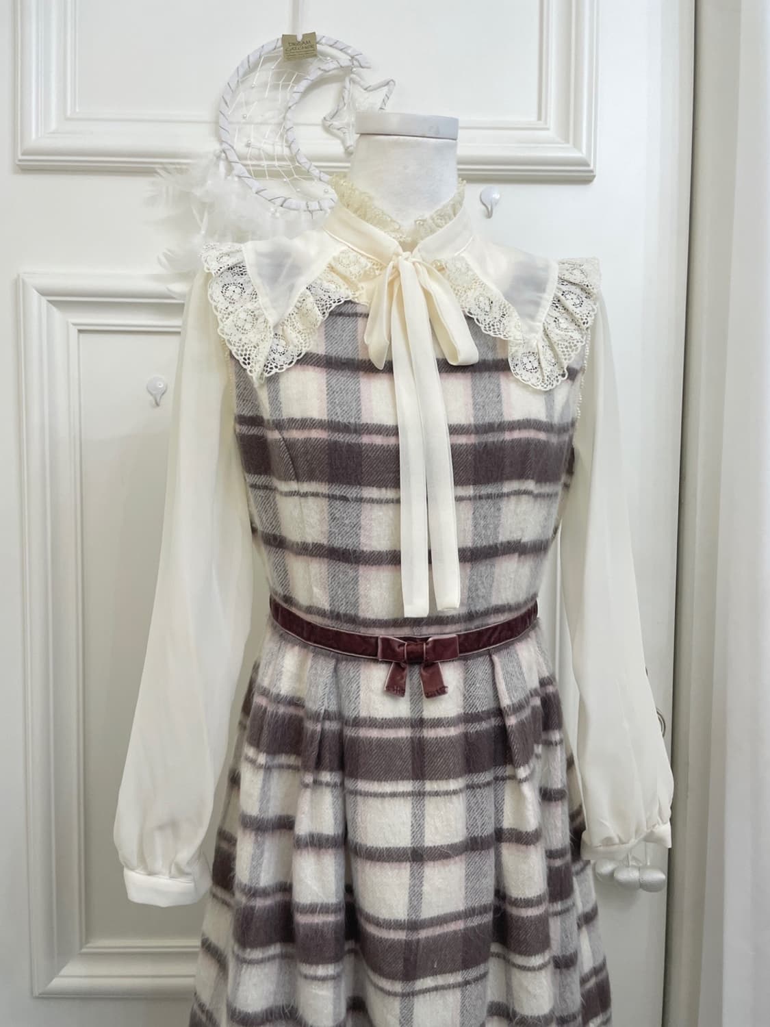 LODISPOTTO ivory pink brown check lace l 상품이미지5