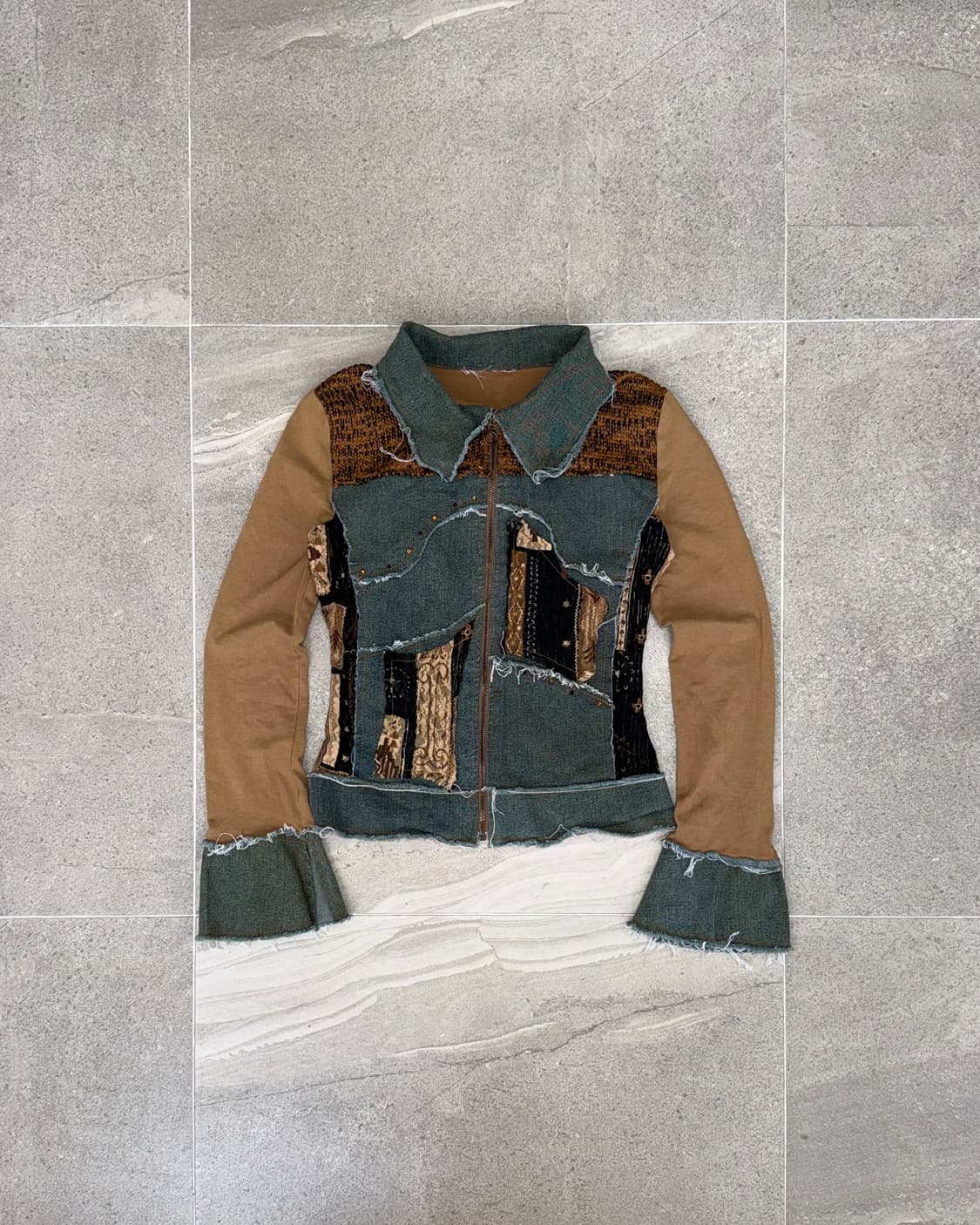 Brown ethnic lace knit patch denim zipup 상품이미지1