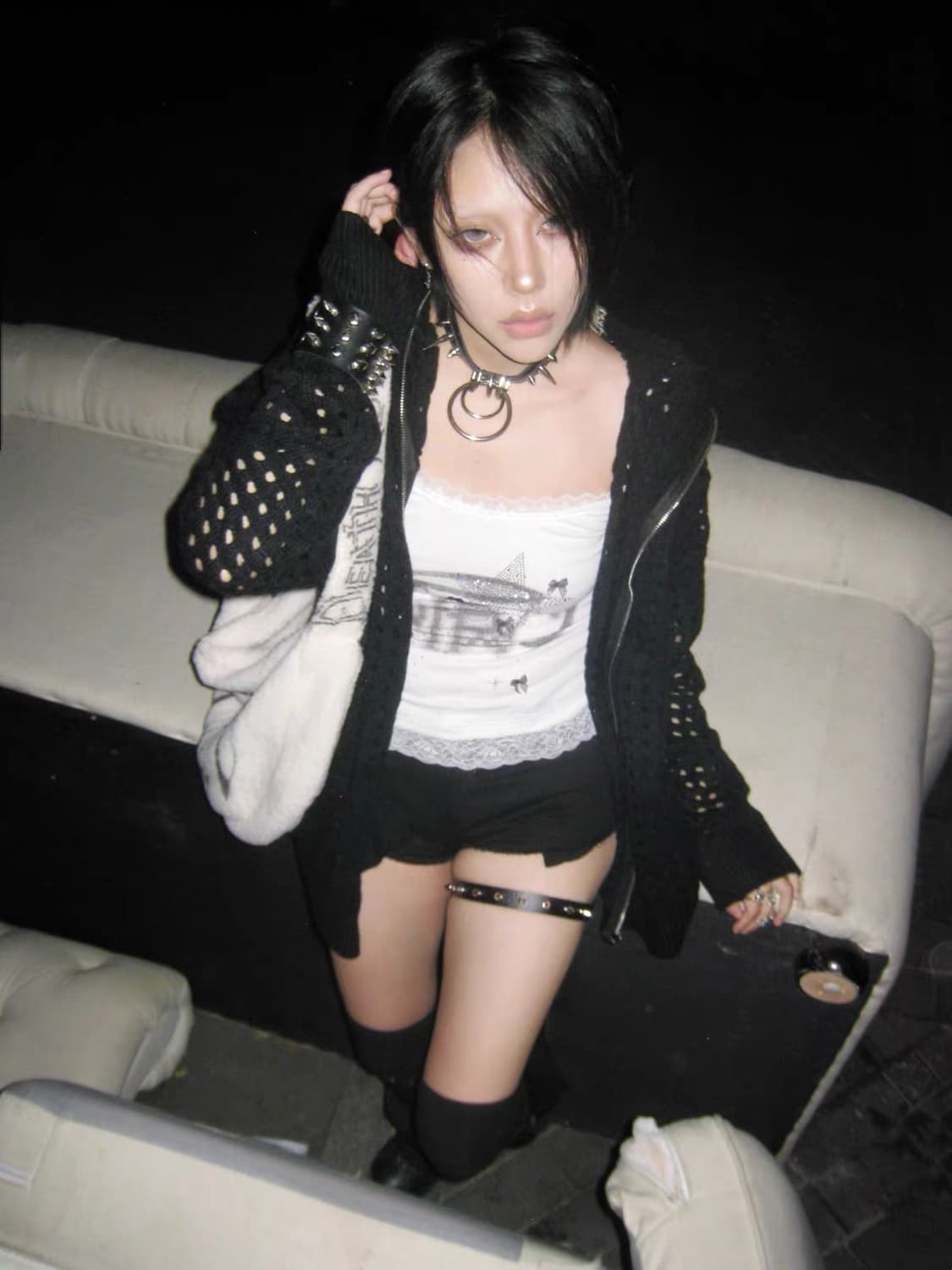 투톤 메쉬 니트 후드 집업 상품이미지1