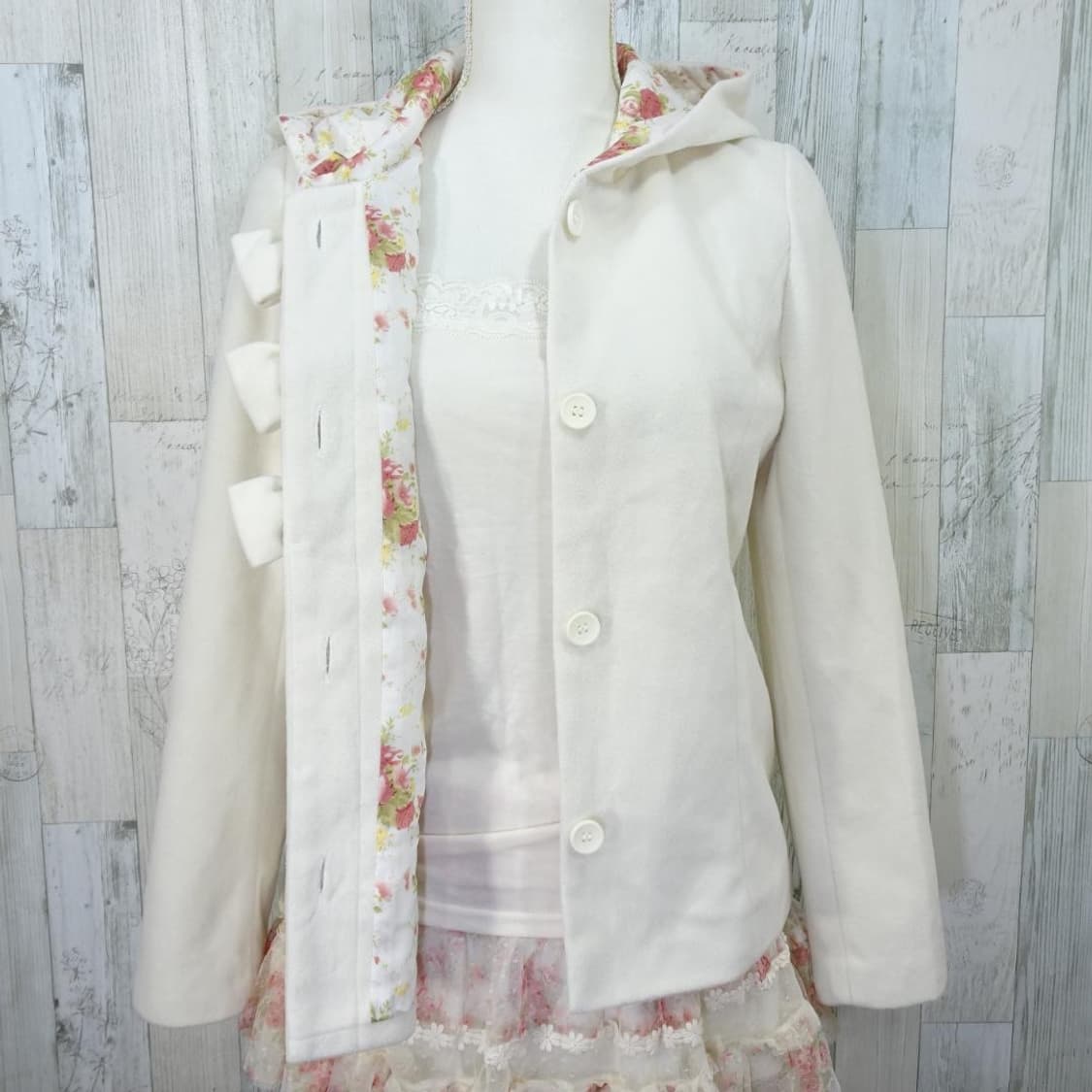 리즈리사 3연 리본 후드 숏코트 플라워 패턴 자켓 달천깔 히메갸루 상품이미지8