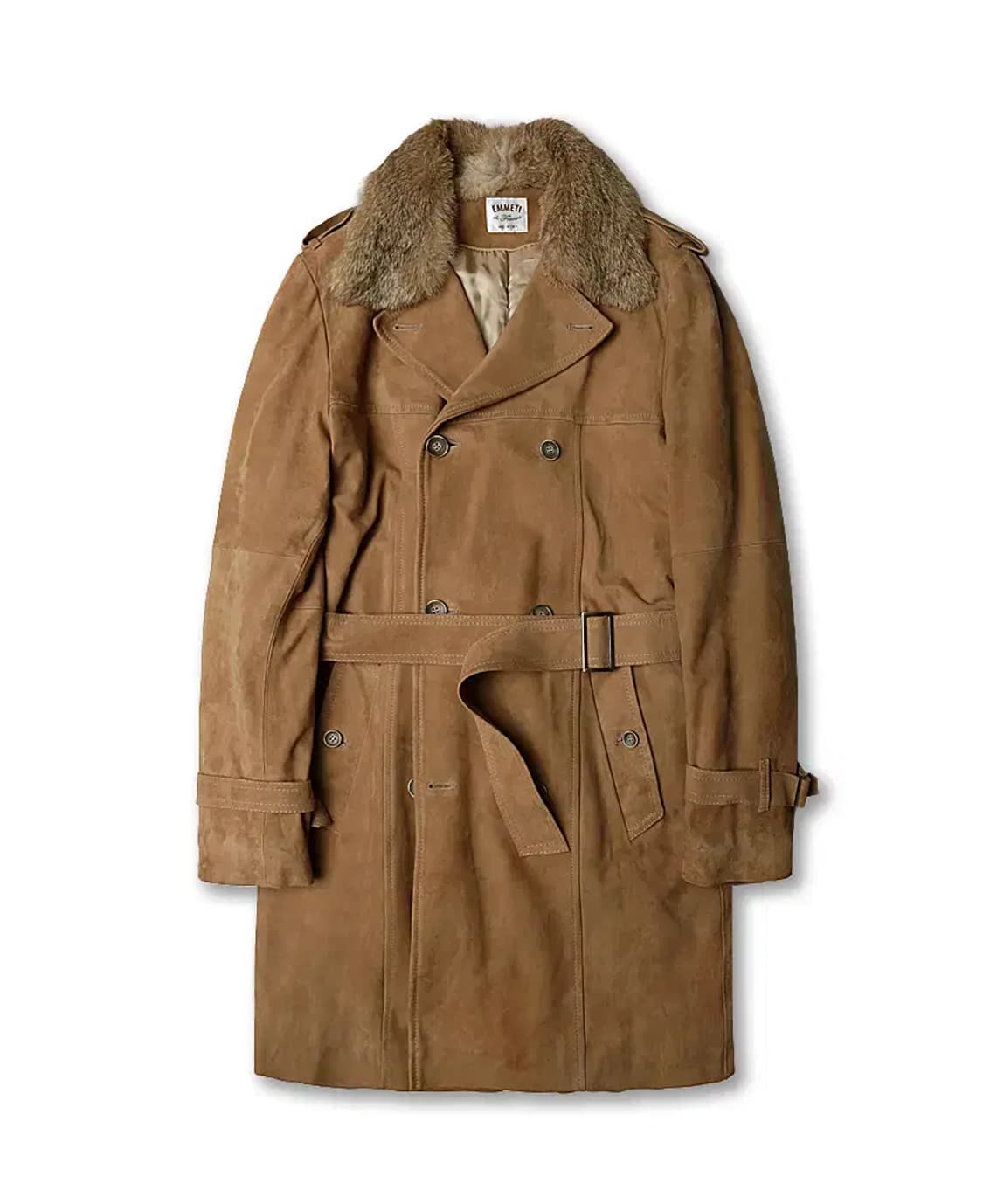 엠메띠 [Emmeti] 무통 카멜 염소 스웨이드 가죽 벨트 더블 코트 상품이미지1