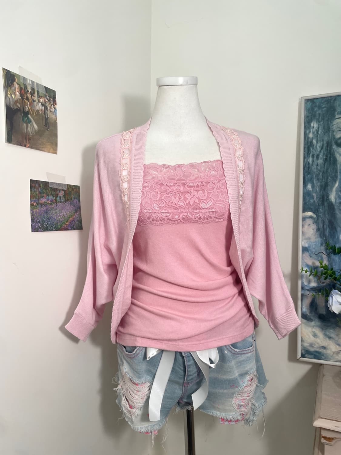 pink lace trim open cardigan&lace sleeve 상품이미지5