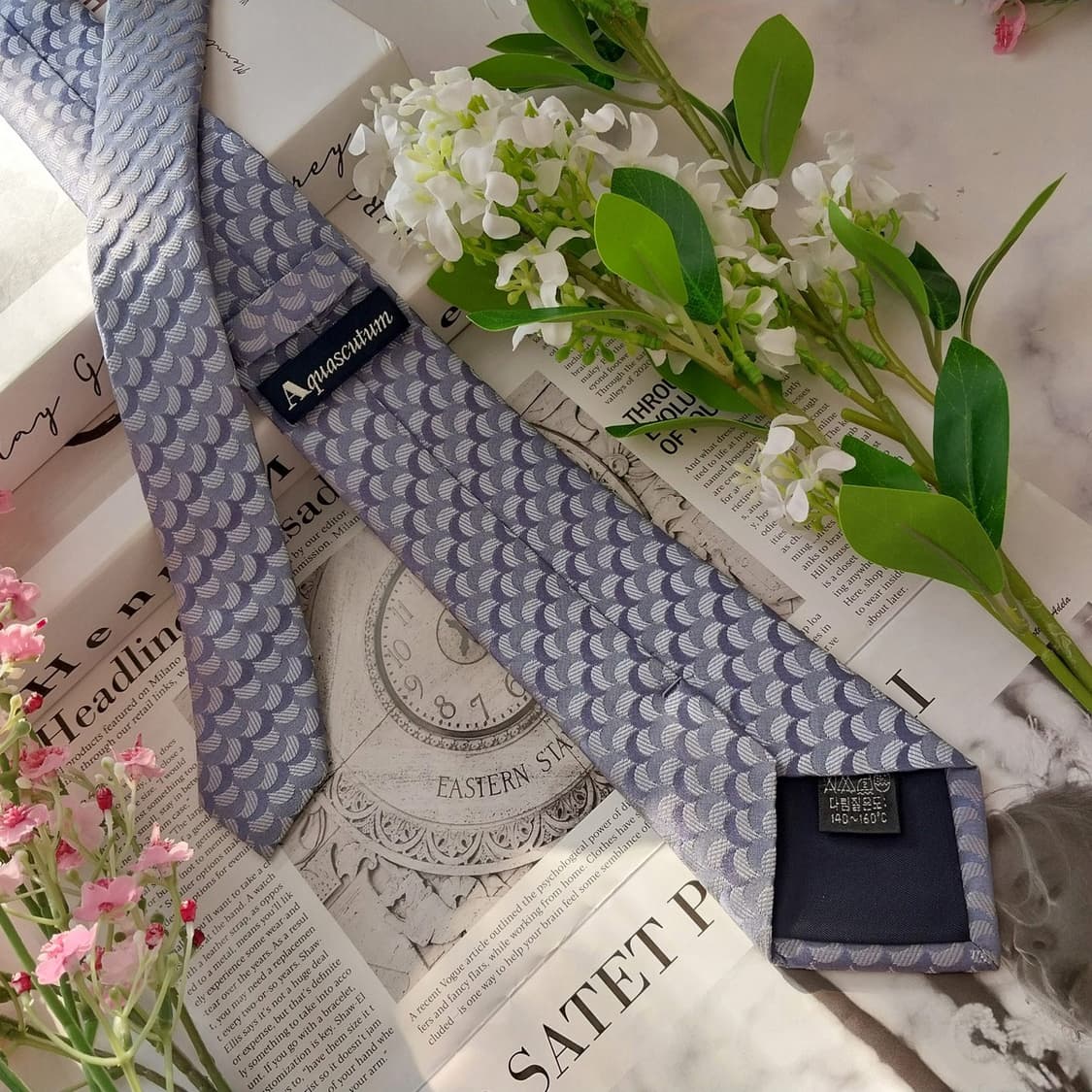 아쿠아스큐텀 실크 라이트블루 패턴 넥타이 7cm A+등급 k1744 상품이미지4