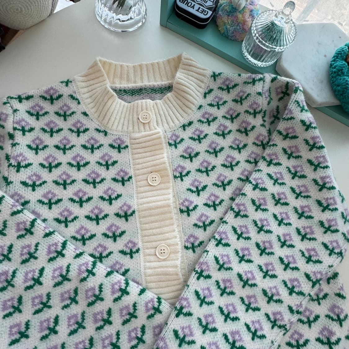 아이보리  연보라 꽃무늬 니트 가디건 상품이미지8