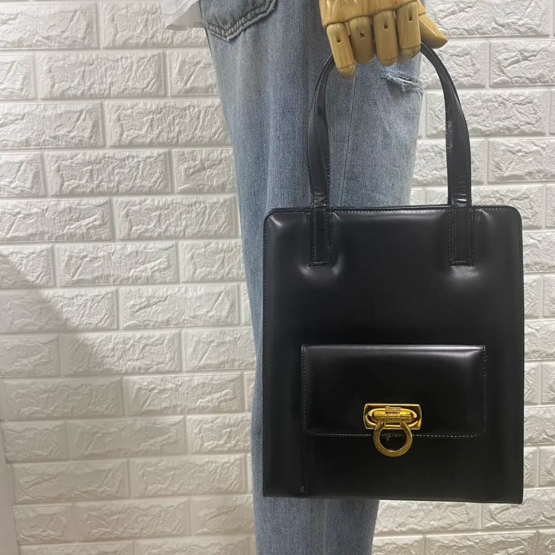 FERRAGAMO/빈티지 페레가모 블랙 레더 간치니 스몰 토트백/투웨이백 상품이미지3