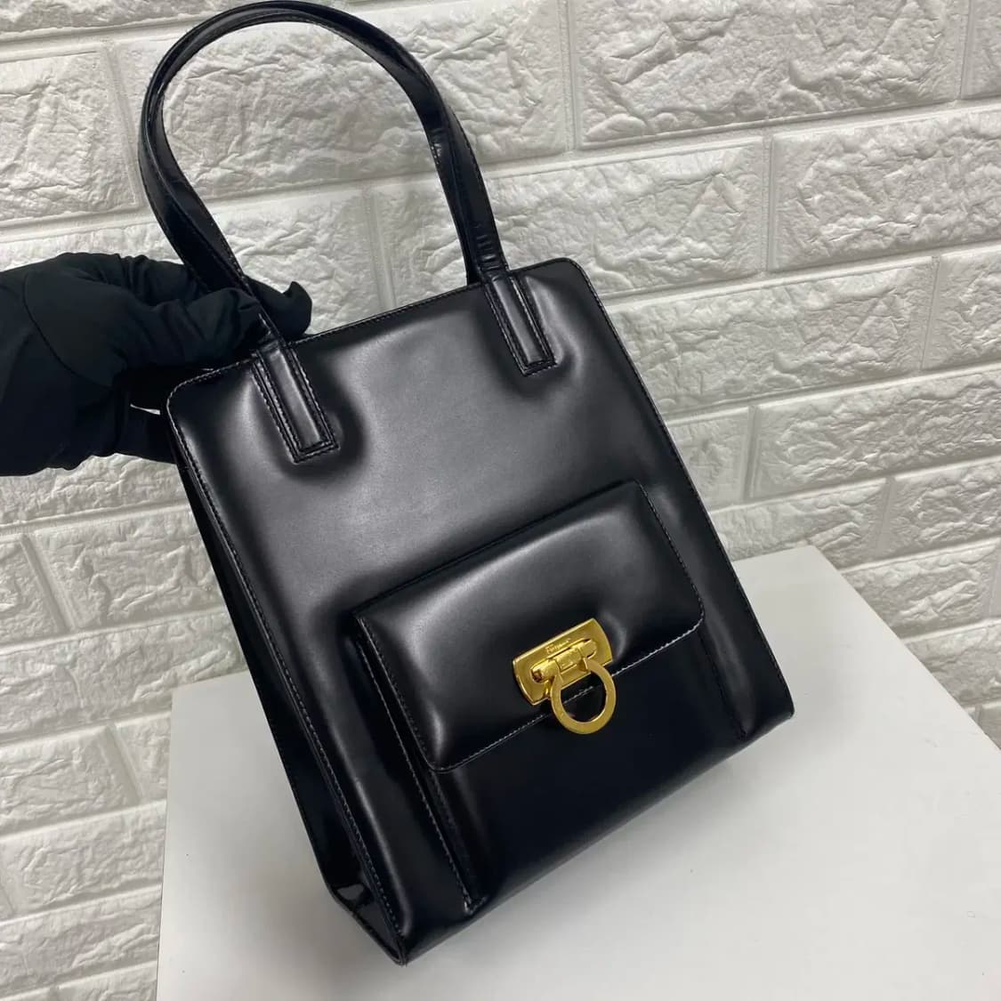FERRAGAMO/빈티지 페레가모 블랙 레더 간치니 스몰 토트백/투웨이백 상품이미지4