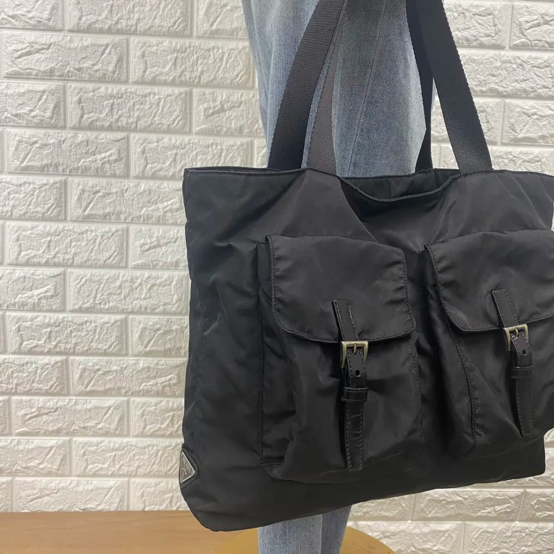 PRADA / 빈티지 프라다 삼각로고 포코노 블랙 나일론 더블포켓 토트백 상품이미지2