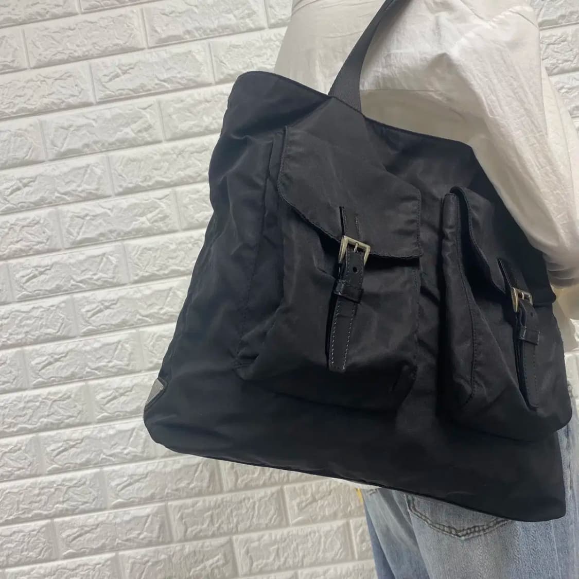 PRADA / 빈티지 프라다 삼각로고 포코노 블랙 나일론 더블포켓 토트백 상품이미지3