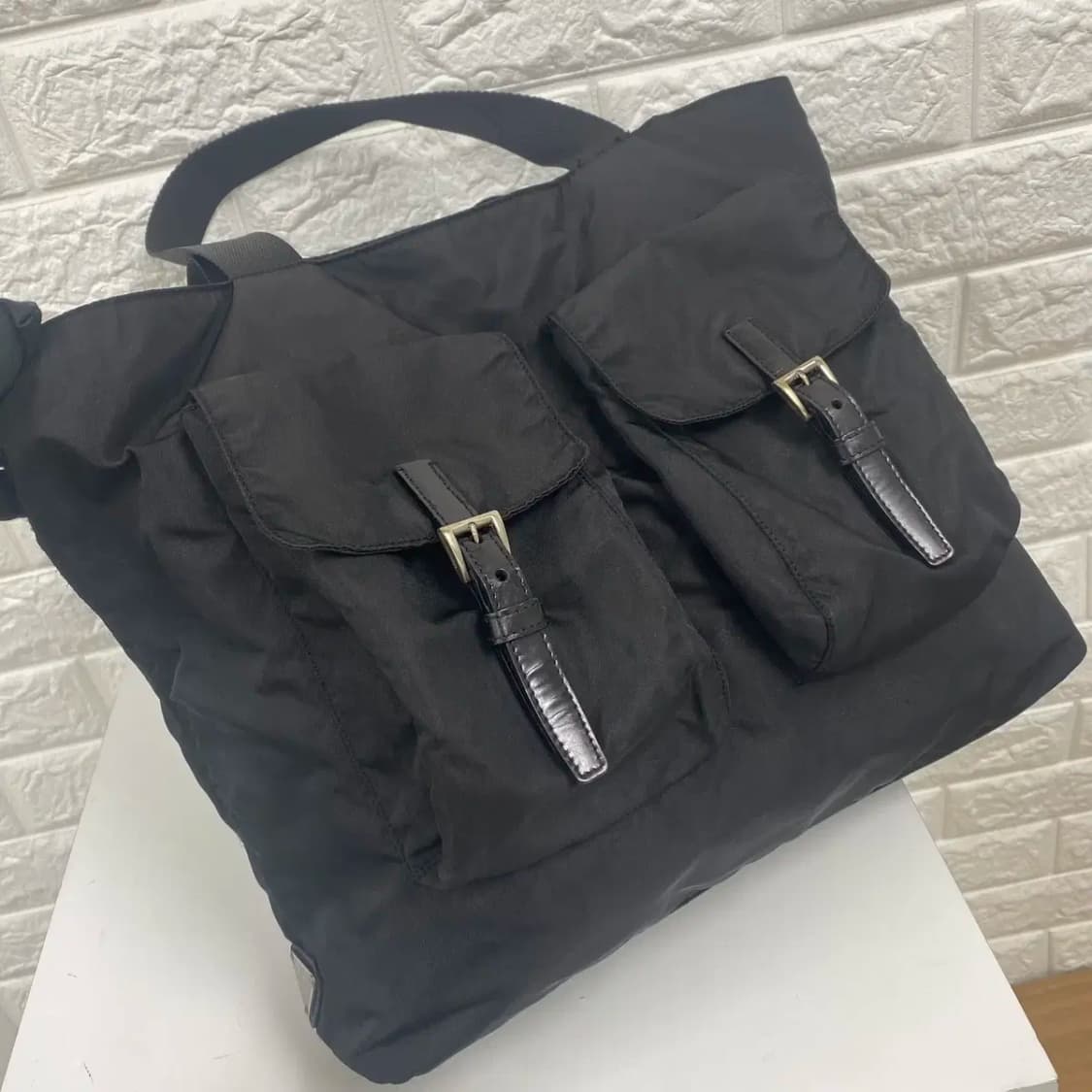 PRADA / 빈티지 프라다 삼각로고 포코노 블랙 나일론 더블포켓 토트백 상품이미지4