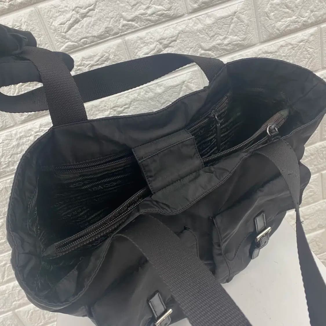 PRADA / 빈티지 프라다 삼각로고 포코노 블랙 나일론 더블포켓 토트백 상품이미지6