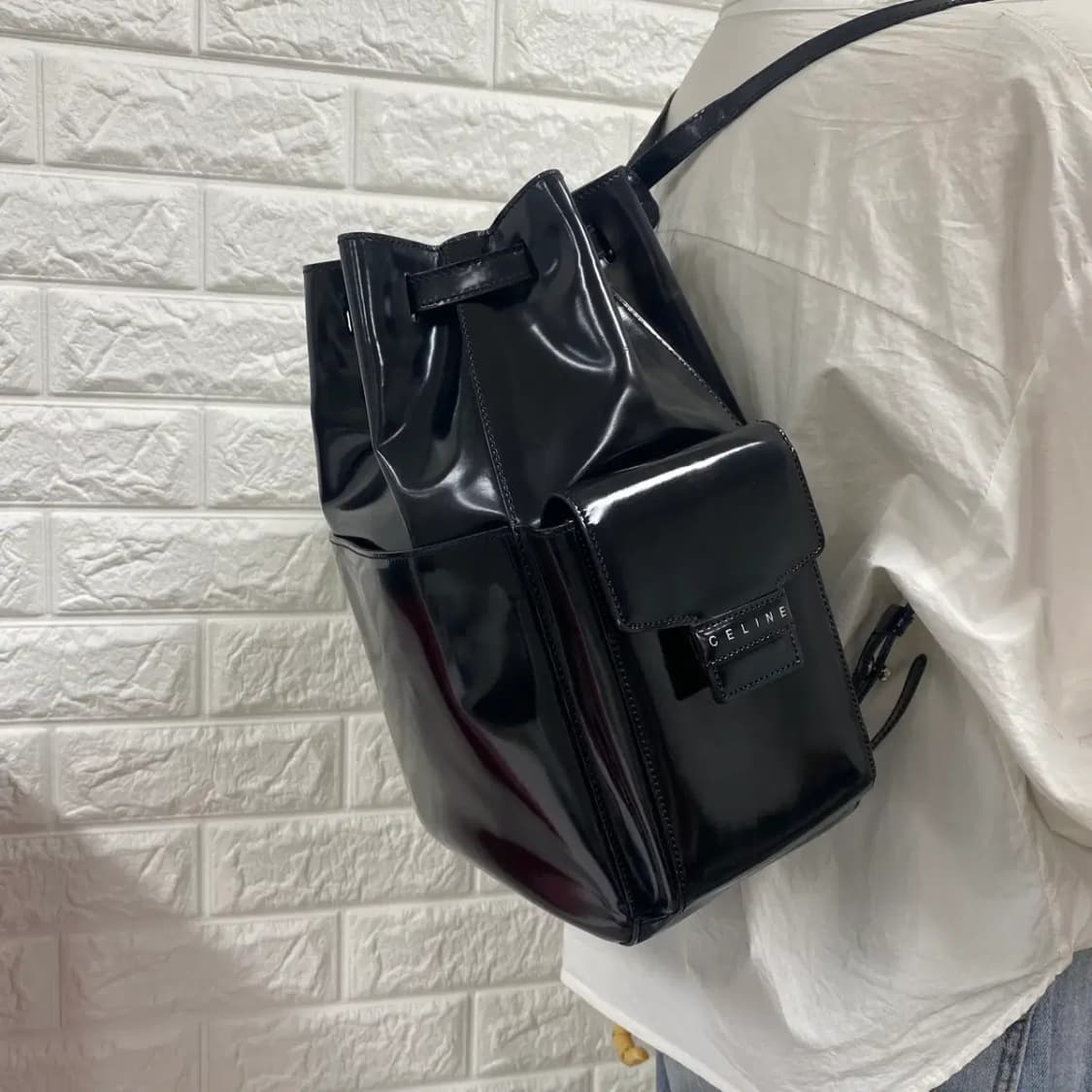 CELINE / 빈티지 셀린느 블랙 페이던트 드로스트링 백팩 상품이미지2