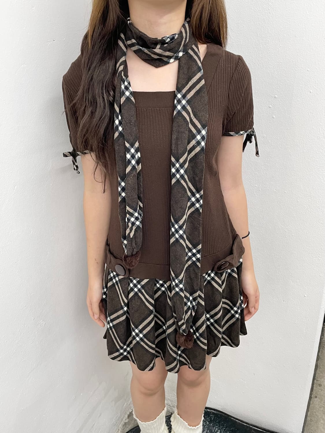 라떼갸루 체크 플리츠 원피스 머플러 세트*레어 상품이미지7
