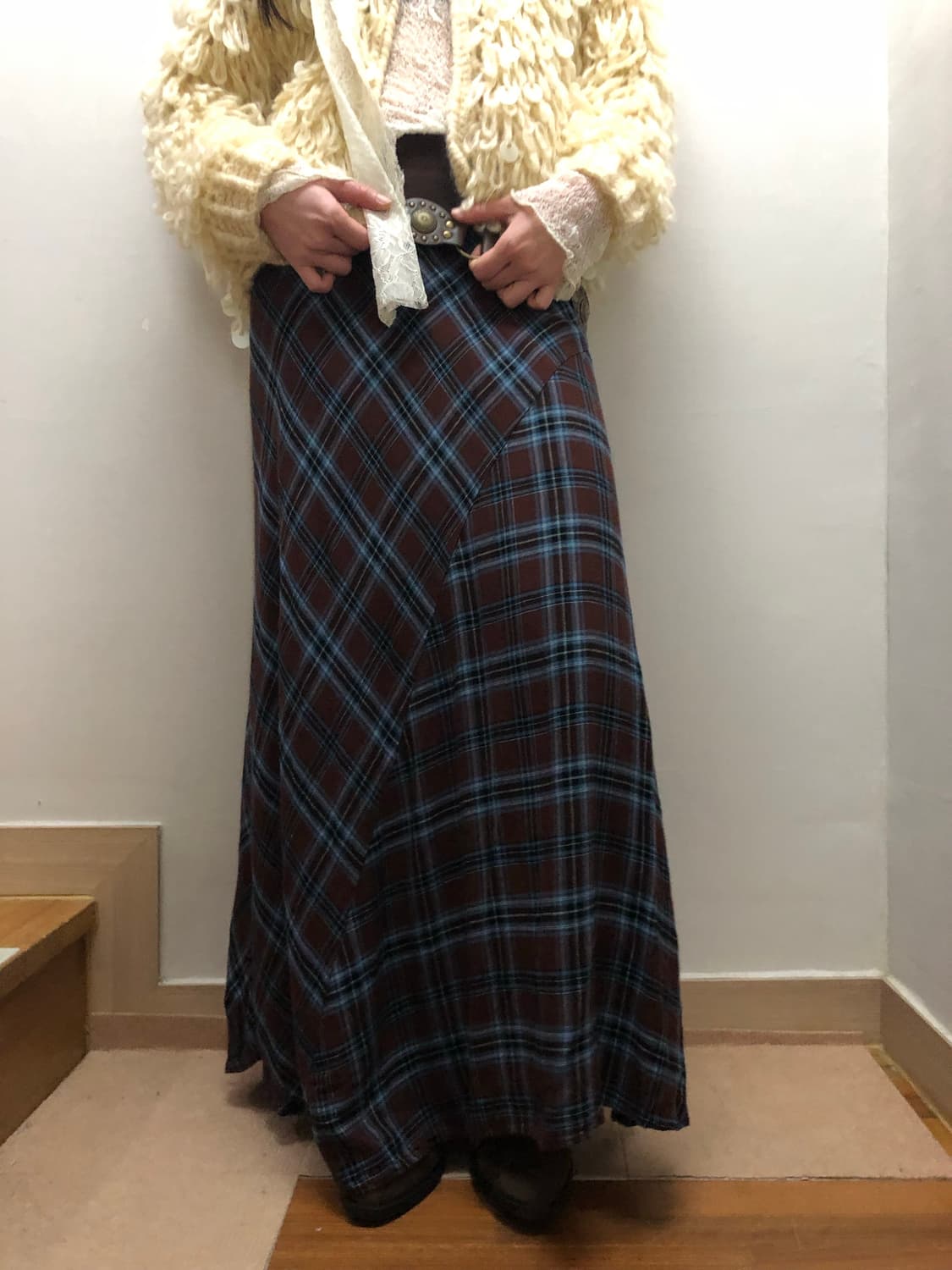 빈티지 다크브라운 체크 롱 스커트 상품이미지3