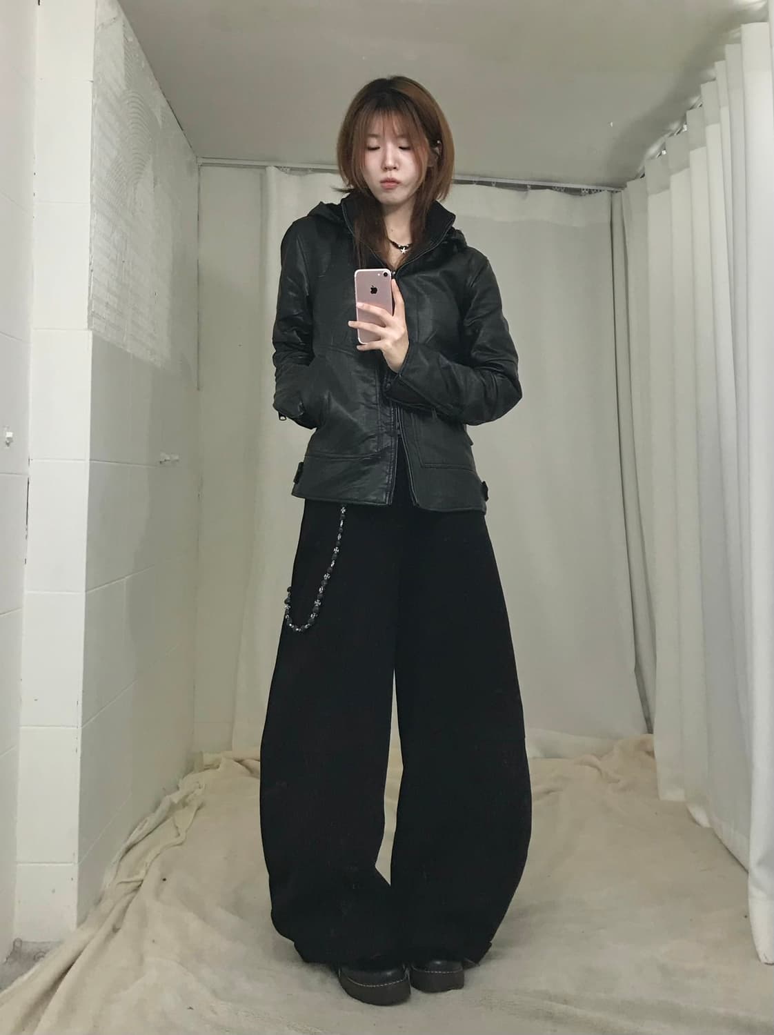 빈티지 블랙 레더 후드 자켓 벌룬 팬츠 시크 코디 세트 상품이미지1