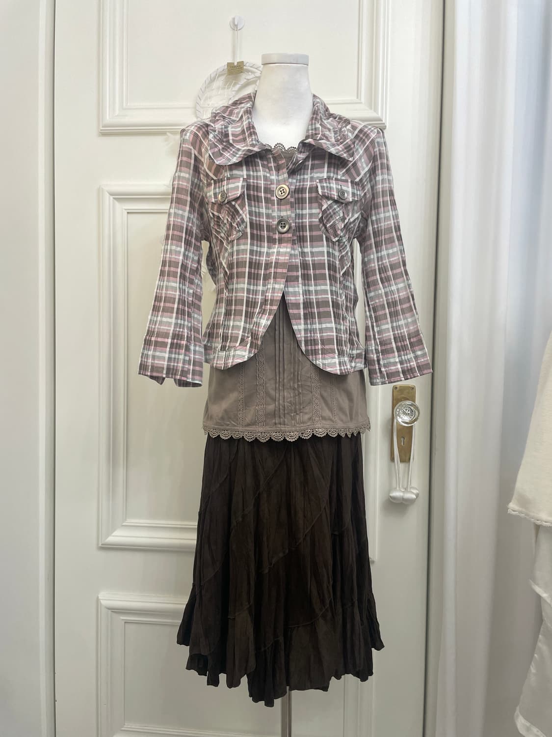 brown pink check cotton jacket&brown lac 상품이미지1