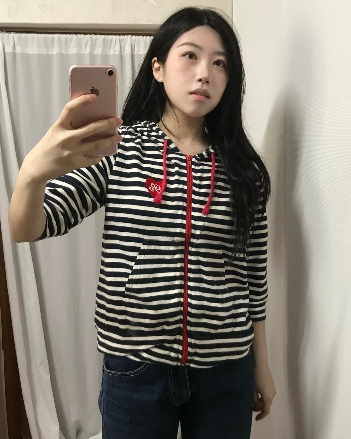 vintage stripe heart patch hood zipup 상품이미지5