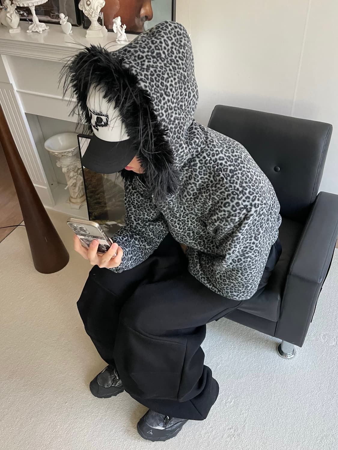 레오파드 호피 퍼 후드 후리스 기모 집업 상품이미지5