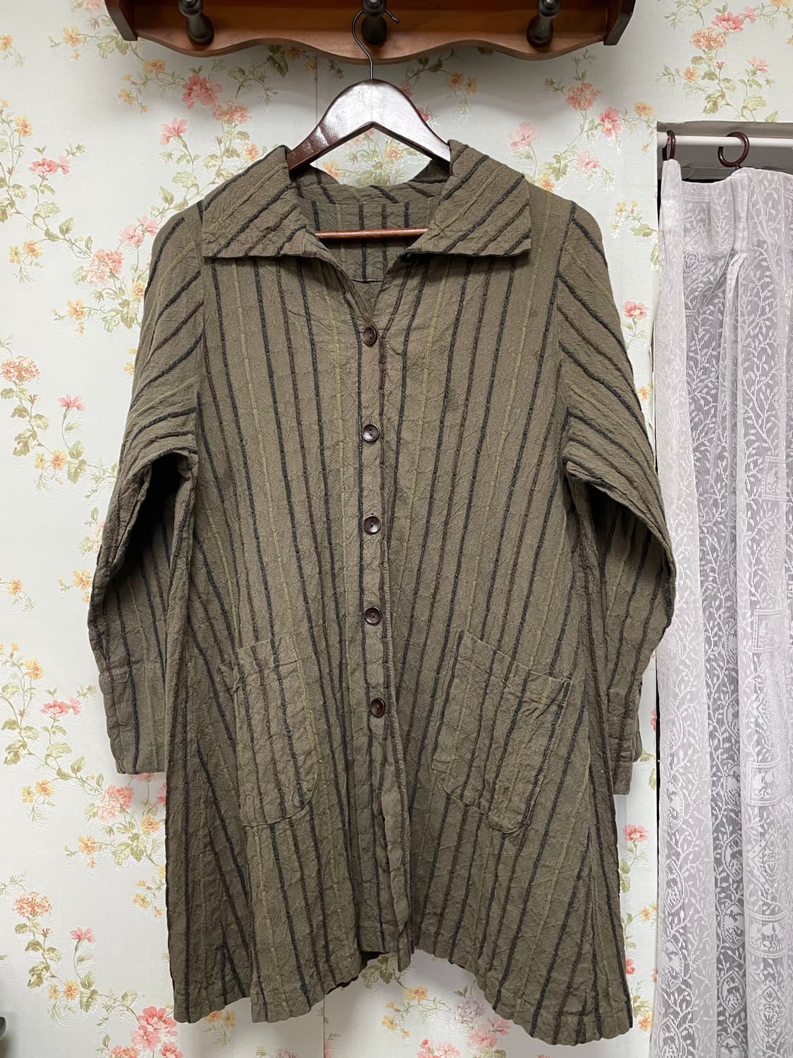 올리브 스트라이프 롱 셔츠 상품이미지1