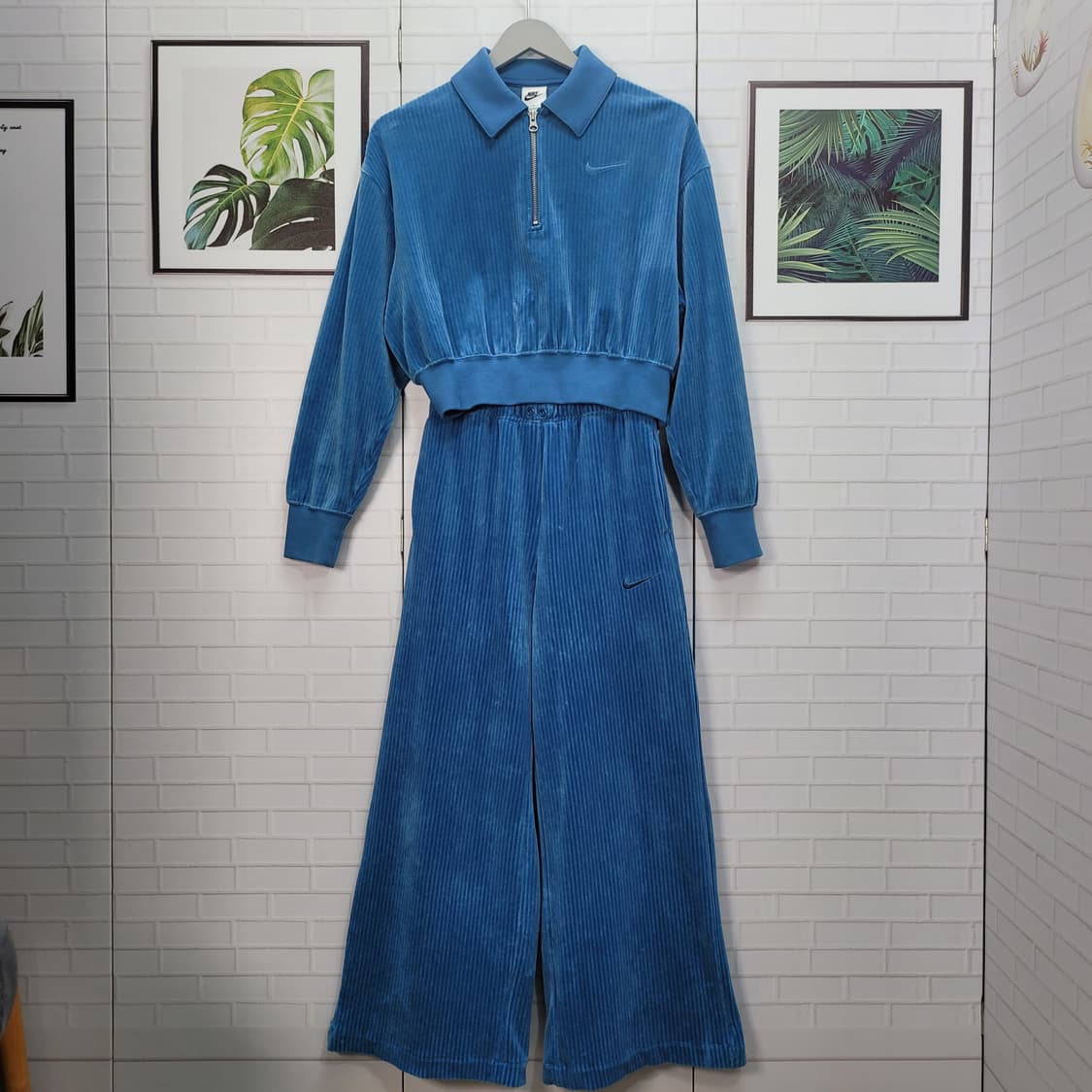 나이키 상하세트 골지 벨벳 반집업 긴발 크롭 와이드 팬츠 S M사이즈 상품이미지1