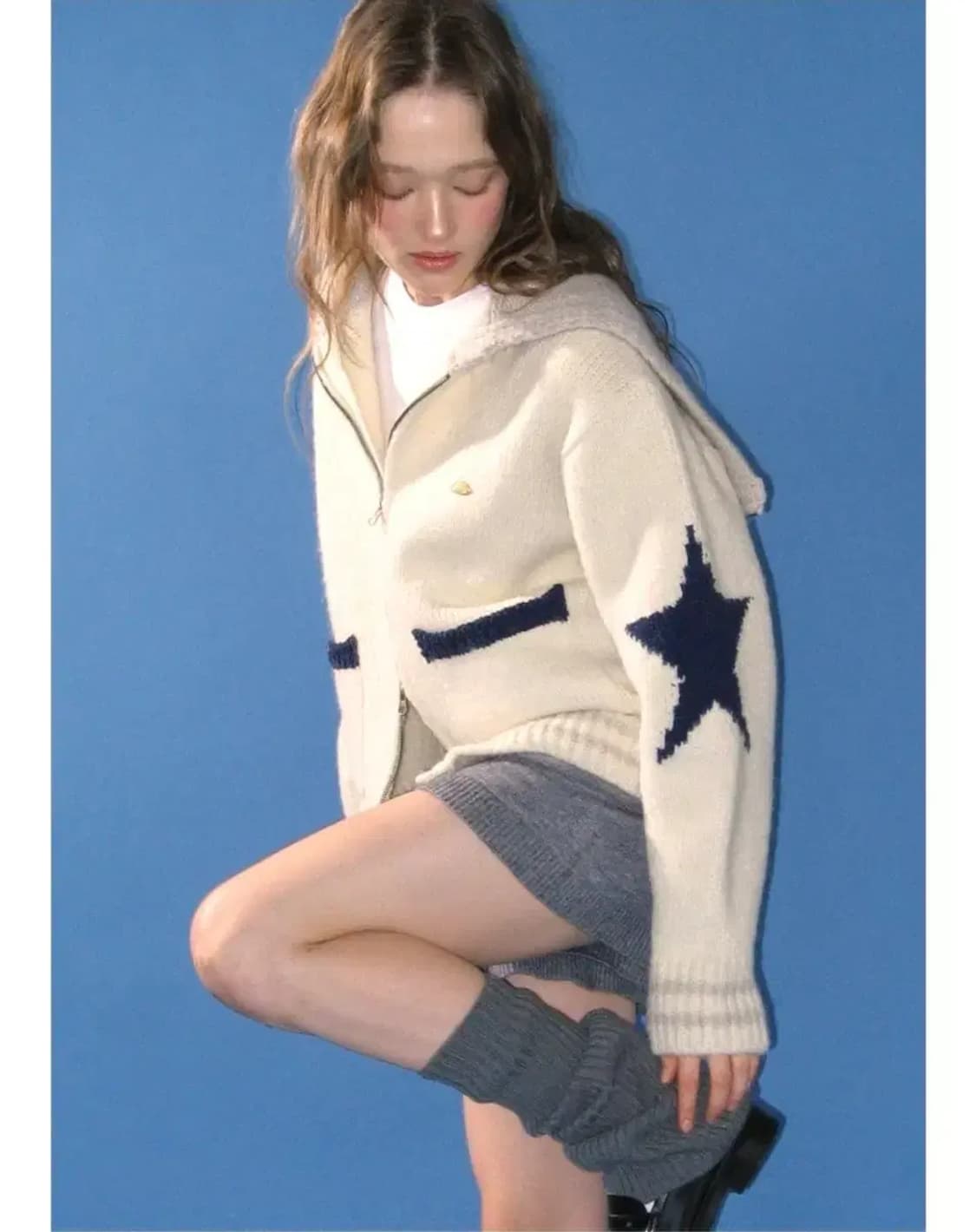 RONRON 론론 별 아이보리 후드 니트집업 60-62 상품이미지1