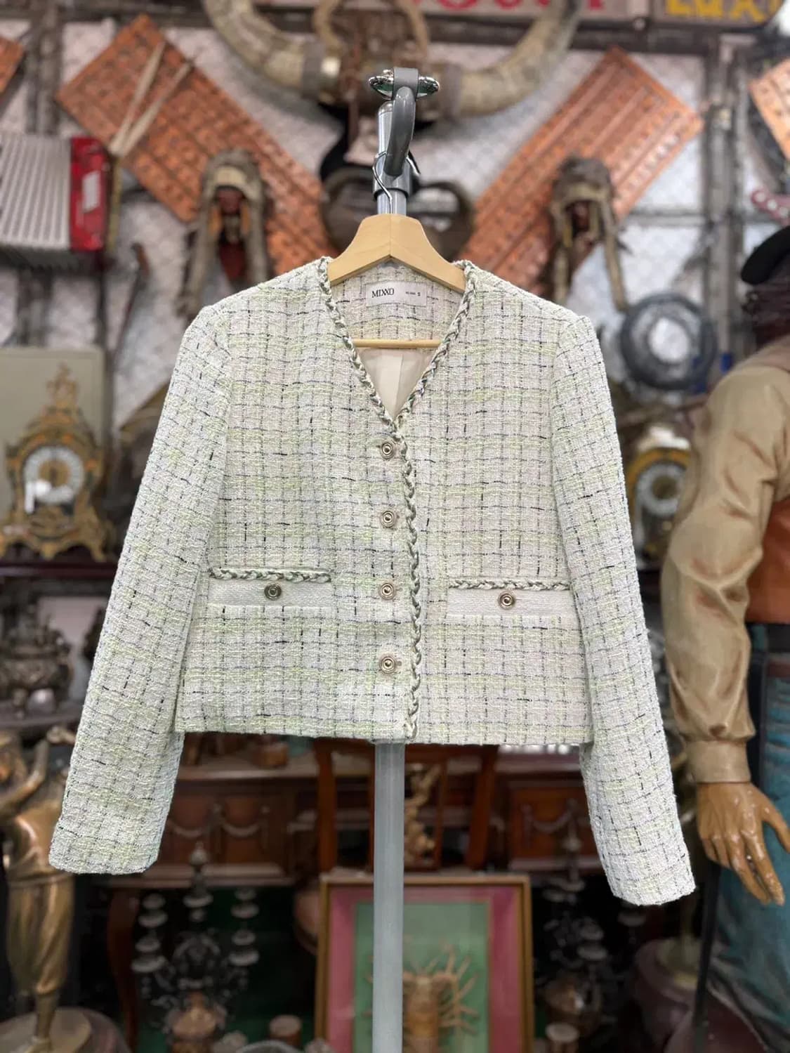 [미쏘] 아이보리  V넥 체크 트위드자켓 S 상품이미지1