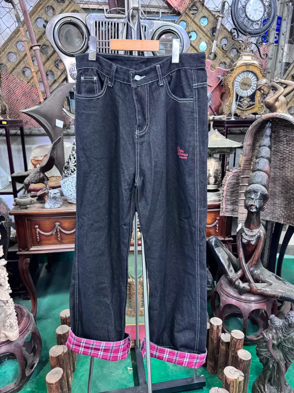 남녀공용 체크무늬 롤업 흑청바지 상품이미지3