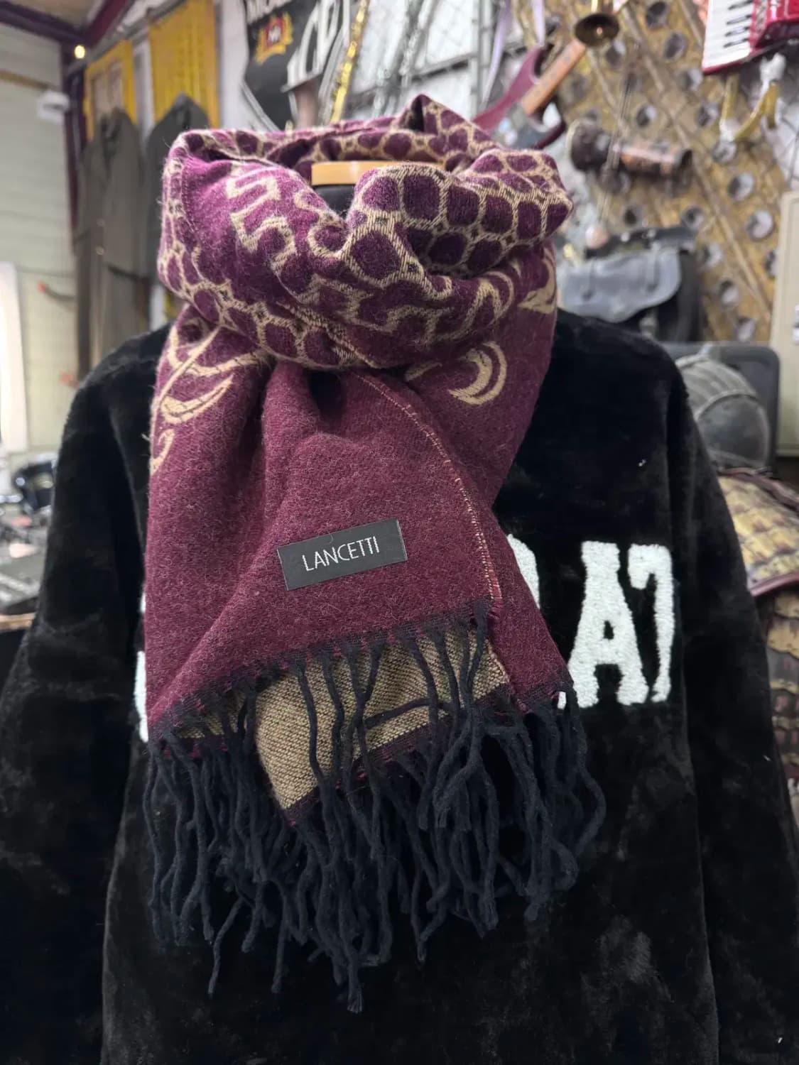 란체티(LANCETTI) 버건디 베이지 패턴 울 머플러 상품이미지1