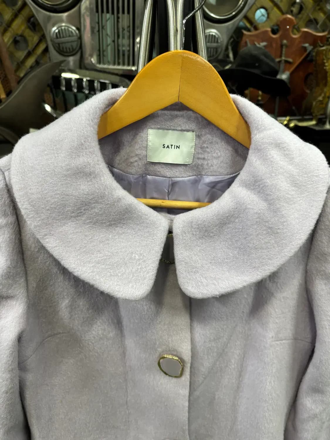 샤틴(Satin)퍼프 소매 둥근 카라 모+앙고라 라벤더색 롱코트 상품이미지2