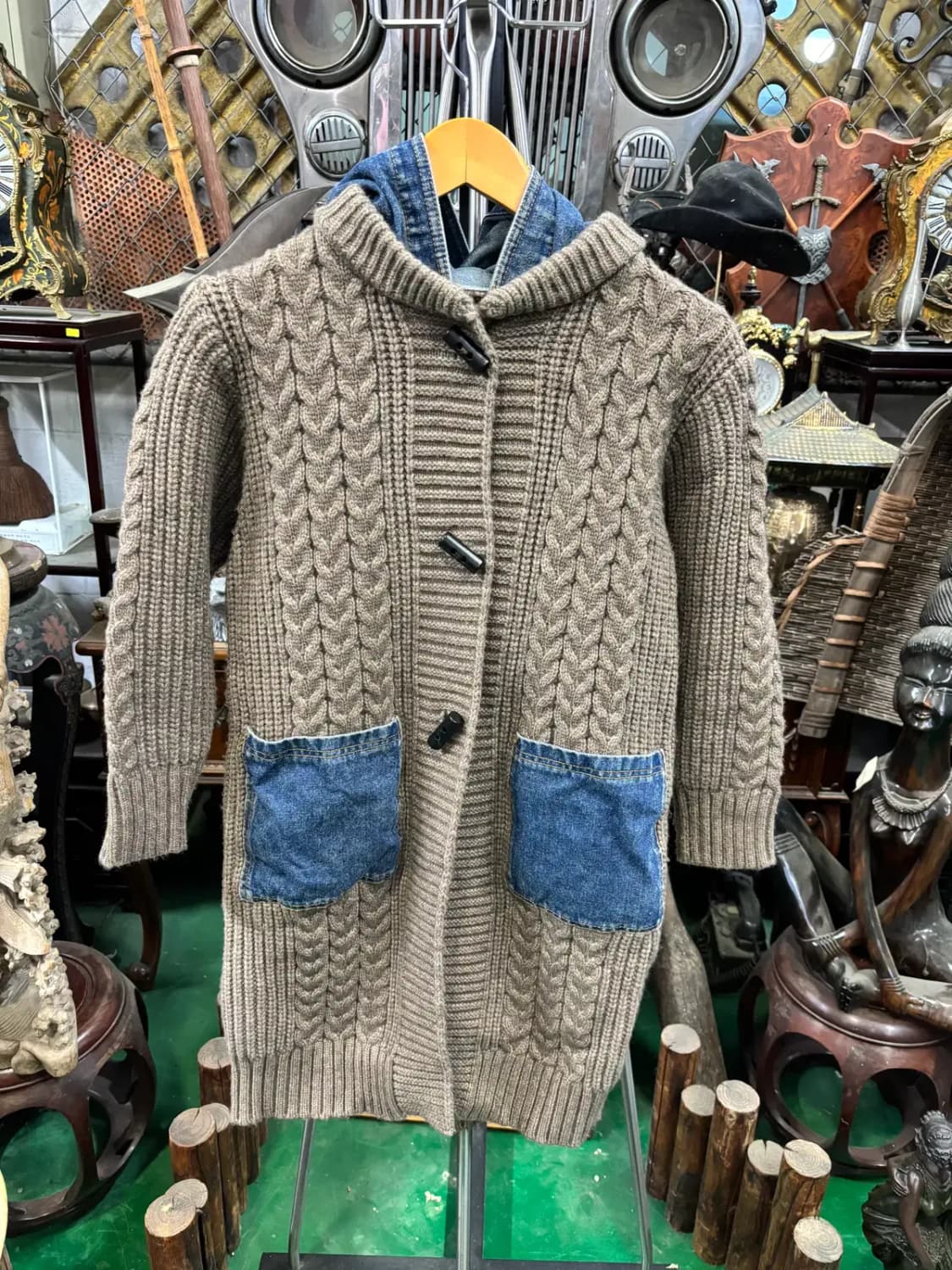 데님 배색 꽈배기 니트 후드 롱 가디건 더플 코트 상품이미지1