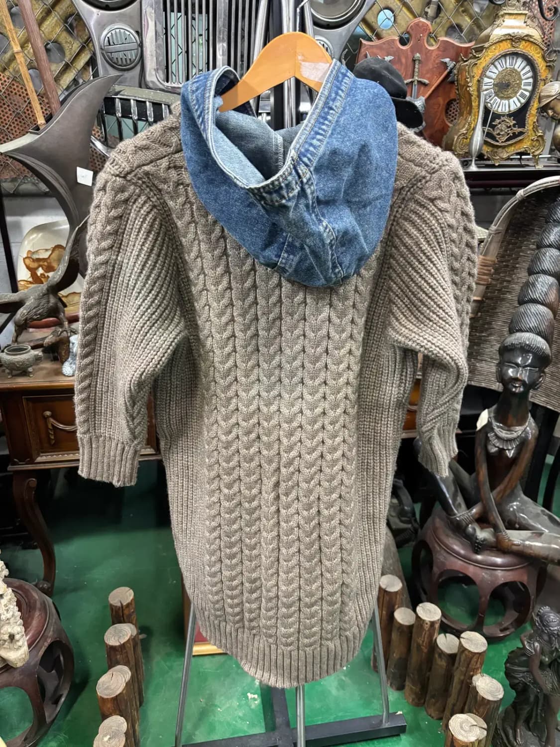 데님 배색 꽈배기 니트 후드 롱 가디건 더플 코트 상품이미지3