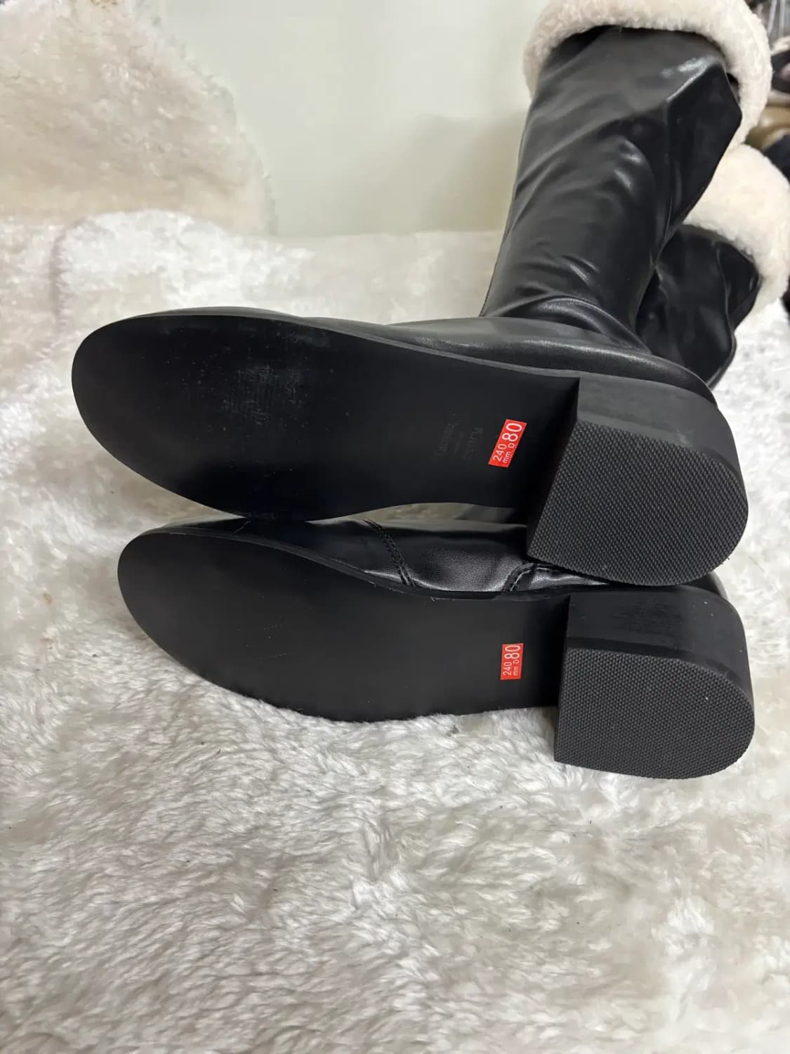 블랙 스판 인조 가죽 퍼 트리밍 옆지퍼 롱부츠(종아리둘레33cm까지가능) 상품이미지5