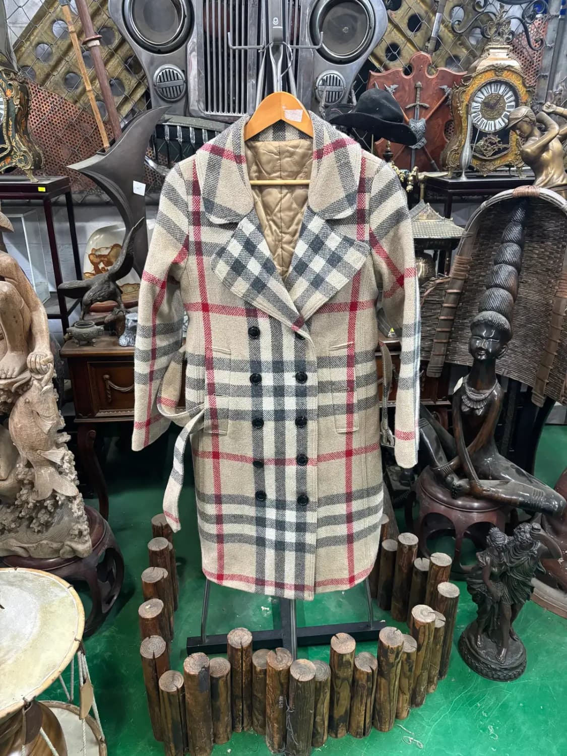 체크 울  더블 버튼 롱 코트 상품이미지1